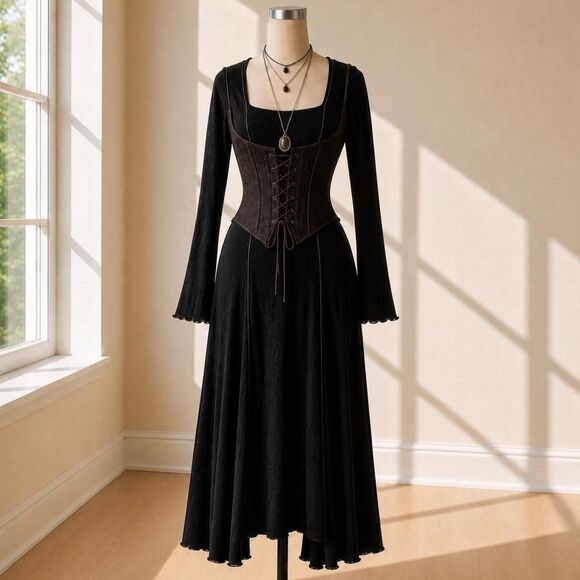 Source Unknown Dresses & Skirts - Vintage Black Suede Leather Paneling Contrast Stitch Whimsigoth Maxi Dress